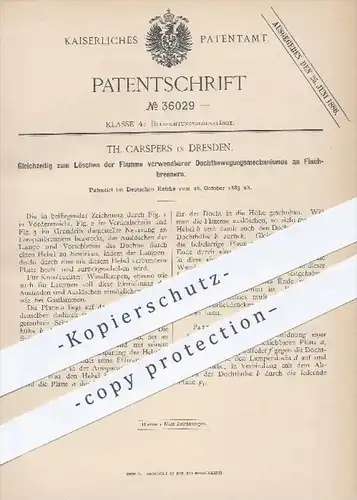original Patent - Th. Carspers , Dresden , 1885 , Docht - Bewegungsmechanismus am Flachbrenner , Brenner , Beleuchtung