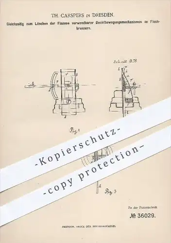 original Patent - Th. Carspers , Dresden , 1885 , Docht - Bewegungsmechanismus am Flachbrenner , Brenner , Beleuchtung