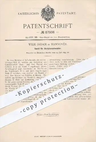 original Patent - Wilh. Didam in Hannover , 1895 , Ventil für Acetylenentwickler , Acetylen , Ventile , Gas , Gase !!!