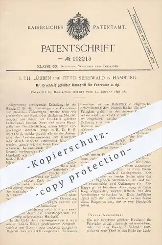 original Patent - J. Th. Lübben , Otto Sehrwald , Hamburg , 1898 , Handgriff für Fahrräder mit Druckluft , Fahrrad !!!