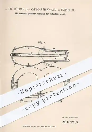 original Patent - J. Th. Lübben , Otto Sehrwald , Hamburg , 1898 , Handgriff für Fahrräder mit Druckluft , Fahrrad !!!