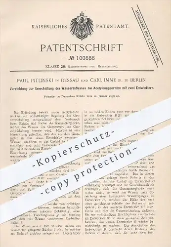 original Patent - P. Pitlinski , Dessau / C. Imme , Berlin 1898 , Umschaltung vom Wasserzufluss bei Acetylen - Apparaten