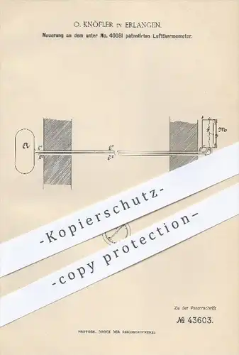 original Patent - O. Knöfler in Erlangen , 1887 , Luftthermometer , Thermometer , Manometer , Quecksilber , Luft !!!