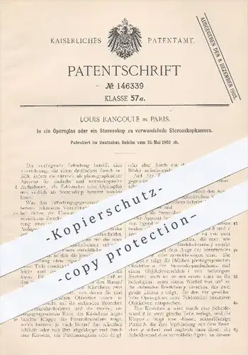 original Patent - L. Rancoule , Paris , 1902 , In ein Opernglas oder zum Stereoskop zu verwandelnde Stereoskop - Kamera
