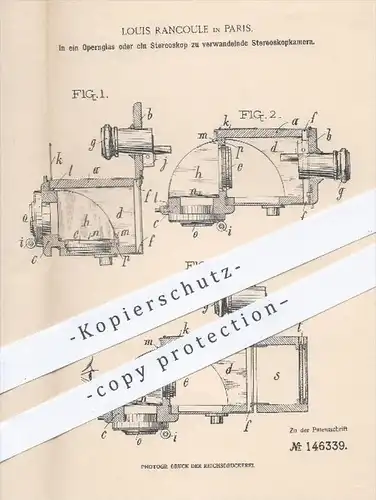 original Patent - L. Rancoule , Paris , 1902 , In ein Opernglas oder zum Stereoskop zu verwandelnde Stereoskop - Kamera