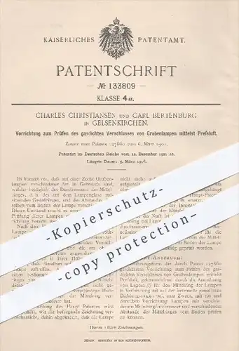 original Patent - Charles Christiansen / C. Bertenburg , Gelsenkirchen , 1901 , Prüfen der Grubenlampen durch Pressluft