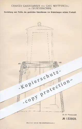 original Patent - Charles Christiansen / C. Bertenburg , Gelsenkirchen , 1901 , Prüfen der Grubenlampen durch Pressluft