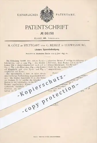 original Patent - M. Götz , Stuttgart / G. Merkle , Ludwigsburg 1895 , Lösbare Sporen - Befestigung , Stiefel , Schuster