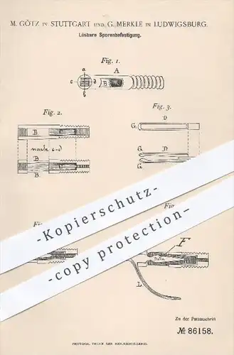 original Patent - M. Götz , Stuttgart / G. Merkle , Ludwigsburg 1895 , Lösbare Sporen - Befestigung , Stiefel , Schuster