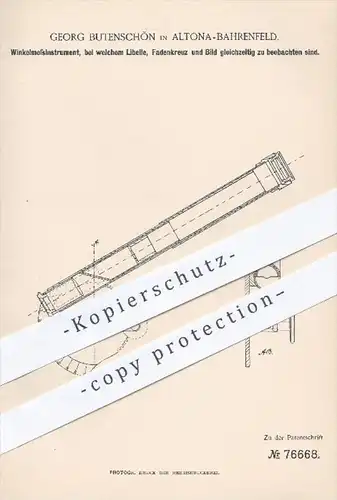 original Patent - G. Butenschön , Hamburg Altona - Bahrenfeld , 1894 , Winkelinstrument mit Libelle , Fadenkreuz , Bild