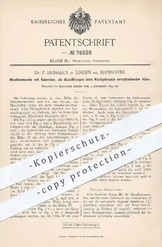 original Patent - Dr. P. Hunaeus , Linden / Hannover , 1893 , Mundharmoniker , Musikinstrumente , Musik , Instrument !!!