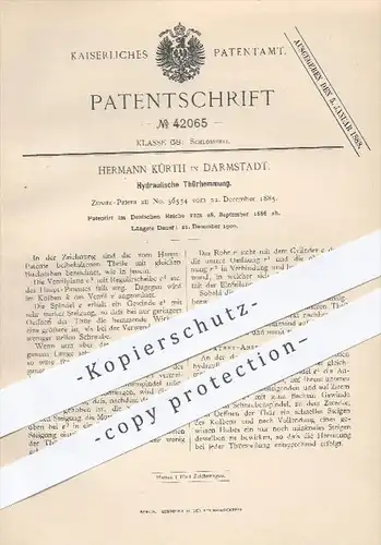 original Patent - H. Kürth , Darmstadt , 1886 , Hydraul. Türhemmung , Tür , Türen , Schlosser , Schlosserei , Hydraulik