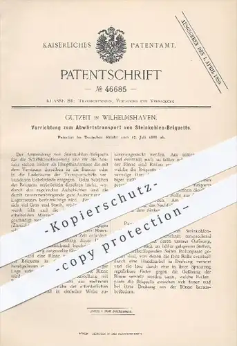 original Patent - Gutzeit in Wilhelmshaven , 1888 , Transport von Steinkohlen - Briketts , Kohle , Kohlen , Brennstoff !