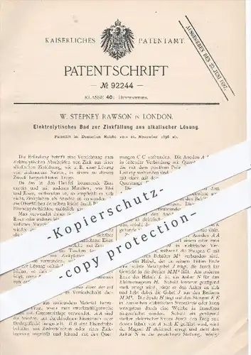 original Patent - W. Stepney Rawson , London , 1896 , Elektrolytisches Bad zur Zinkfällung aus alkalischer Lösung , Zink