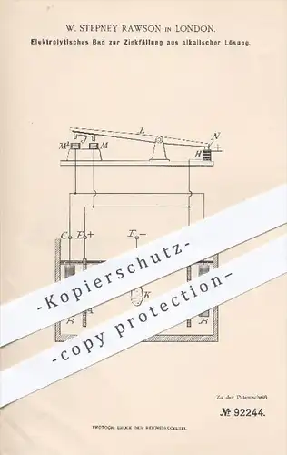 original Patent - W. Stepney Rawson , London , 1896 , Elektrolytisches Bad zur Zinkfällung aus alkalischer Lösung , Zink