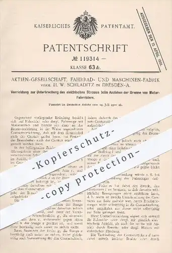 original Patent - AG Fahrrad- u. Maschinenfabrik , H. W. Schladitz , Dresden , 1900 , Strom an der Bremse beim Mofa !!