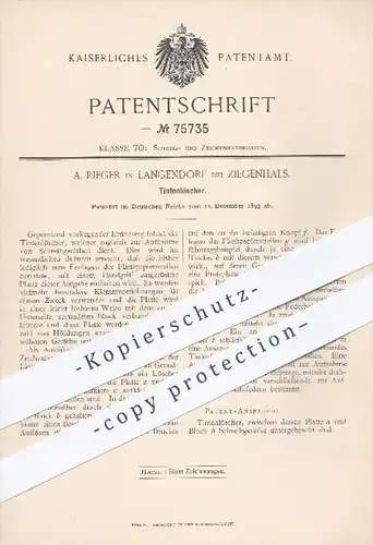 original Patent - A. Rieger in Langendorf bei Ziegenhals , 1893 , Tintenlöscher , Tinte , Papier , Löschpapier !!!