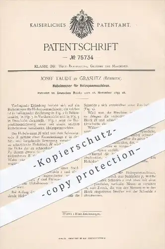 original Patent - J. Taudt , Graslitz , Böhmen 1893 , Hobelmesser für Holzspanmaschine , Messer , Holz , Holzbearbeitung