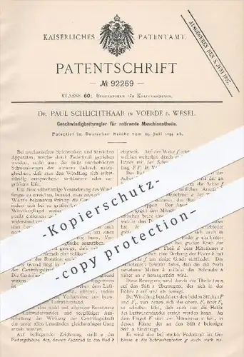 original Patent - Dr. P. Schlichthaar , Voerde / Wesel , 1894 , Geschwindigkeitsregler für rotierende Maschinenteile !!!