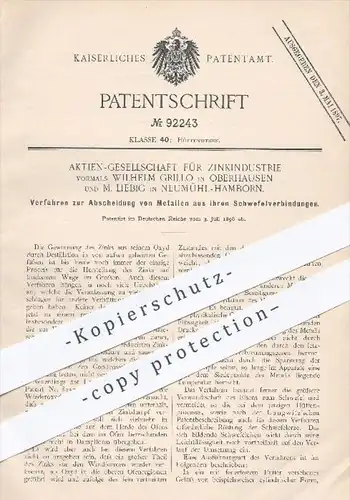 original Patent - Zinkindustrie AG / W. Grillo , Oberhausen / M. Liebig , Neumühl - Hamborn , 1896 , Metall , Metalle