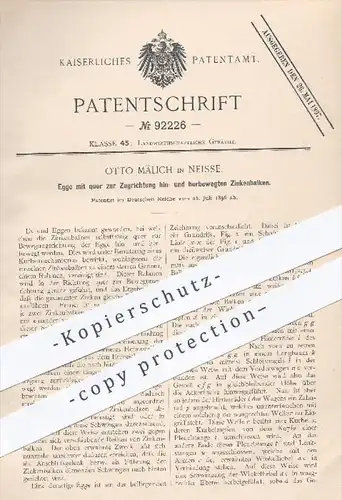 original Patent - Otto Mälich , Neisse , 1896 , Egge mit Zinkenbalken , Eggen , Landwirtschaft , Landwirt , Bauer !!!
