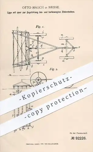 original Patent - Otto Mälich , Neisse , 1896 , Egge mit Zinkenbalken , Eggen , Landwirtschaft , Landwirt , Bauer !!!