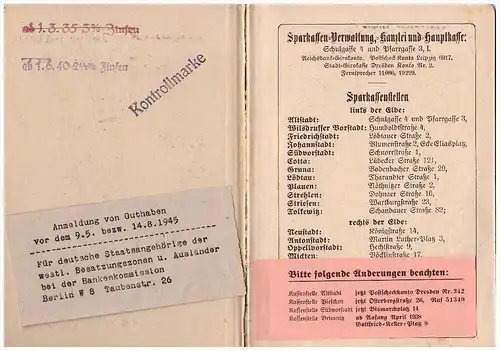 Sparbuch der Sparkasse Dresden - Altstadt , 1919 - 1945 , Johannstadt , Brandt , Bank !!!