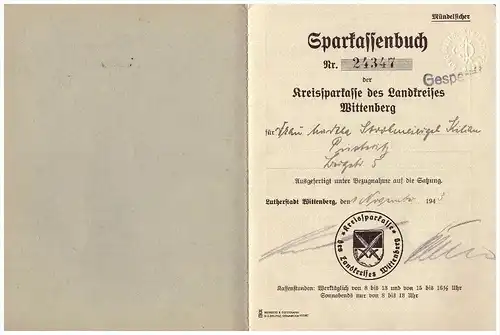 Sparbuch der Sparkasse Wittenberg / Piesteritz , 1943 , Martha Strohmeier geb. Kilian , Bank !!!
