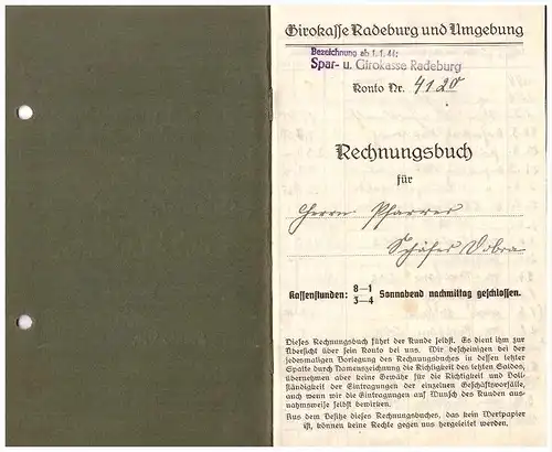 Sparbuch der Sparkasse Radeburg , 1944 , Pfarrer , Kirche ,  Bank !!!