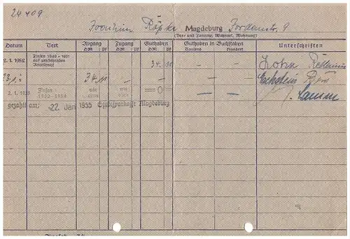 Sparbuch der Sparkasse Magdeburg , 1952-1955 , Joachim Röpke , Jordanstrasse , Bank !!!