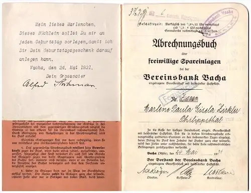 Sparbuch der Sparkasse Vacha , 1931-1944 , Marlene Zirkler in Philippsthal , A. Austmann , Bank !!!