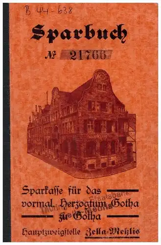 Sparbuch der Sparkasse Zella-Mehlis , 1938-1945 , Gerda Ritz , Bank , Gotha !!!