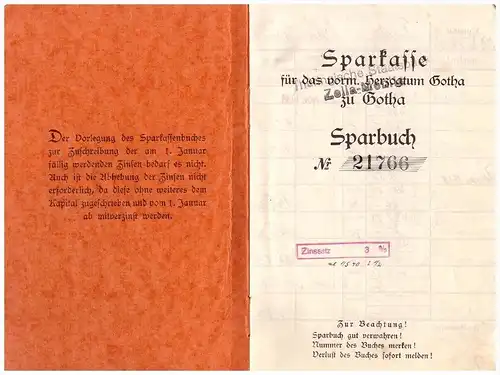 Sparbuch der Sparkasse Zella-Mehlis , 1938-1945 , Gerda Ritz , Bank , Gotha !!!