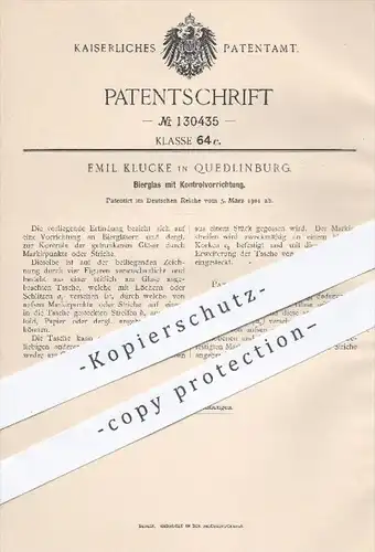 original Patent - E. Klucke , Quedlinburg , 1901 , Bierglas mit Kontrollvorrichtung , Bier , Glas , Gläser , Gastronomie