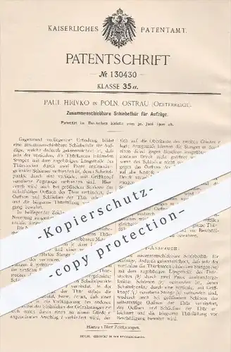 original Patent - P. Hrivko , Poln. Ostrau , Österreich  1900 , Schiebetür für Aufzüge , Aufzug, Fahrstuhl , Tür , Türen