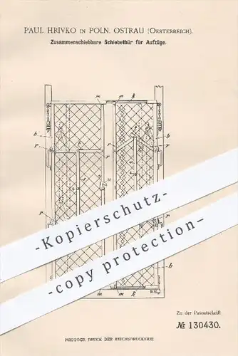 original Patent - P. Hrivko , Poln. Ostrau , Österreich  1900 , Schiebetür für Aufzüge , Aufzug, Fahrstuhl , Tür , Türen