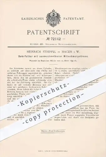 original Patent - H. Streppel , Hagen , 1893 , Bohrfutter mit auswechselbarer Mitnehmerpatrone , Metall , Bohrmaschine !