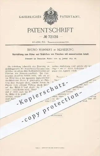 original Patent - B. Mähnert , Merseburg , 1893 , Füllen u. Schließen von Flaschen , Flasche , Gastronomie , Ausschank !