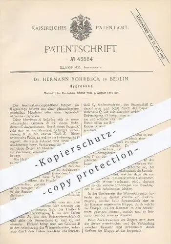 original Patent - Dr. H. Rohrbeck , Berlin , 1887 , Hygroskop , Luftfeuchtigkeit , Meteorologie , Meteorologe , Wetter !