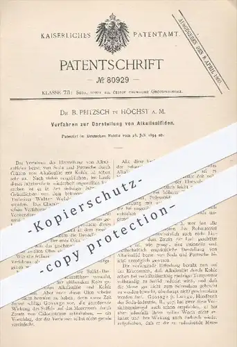 original Patent - Dr. B. Peitzsch , Höchst / Main , 1894 , Darstellung von Alkalisulfiden , Chemie , Soda , Pottasche !!