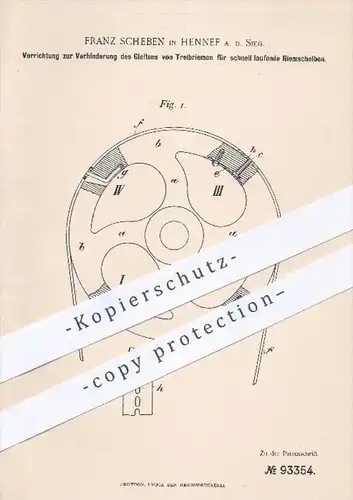 original Patent - F. Scheben , Hennef , 1896 , Verhindern des Gleitens von Treibriemen für schnell laufende Riemscheiben