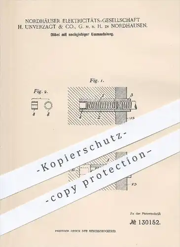 original Patent - Elektrizitäts-Gesellschaft H. Unverzagt & Co. GmbH , Nordhausen , 1901 , Dübel mit Ummantelung , Bau !