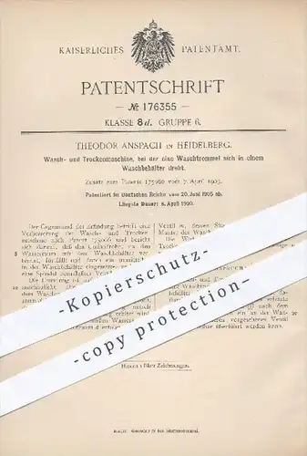 original Patent - Theodor Anspach in Heidelberg , 1905 , Waschmaschine u. Trockenmaschine , Waschen , Trocknen , Wäsche