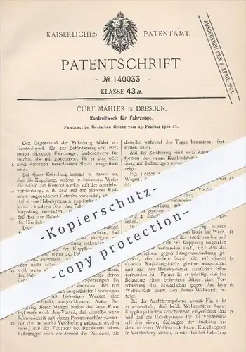 original Patent - Curt Mähler in Dresden , 1902 , Kontrollwerk für Fahrzeuge , Fahrzeug , Antrieb , Kupplung !!!