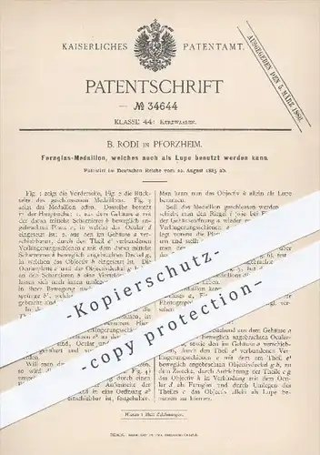 original Patent - B. Rodi , Pforzheim , 1885 , Fernglas - Medaillon und Lupe , Kurzwaren , Schmuck , Kette , Goldschmied