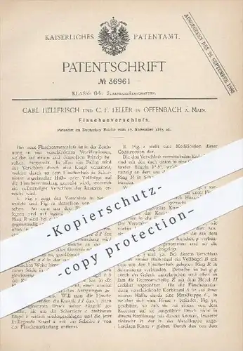 original Patent - C. Hellfrisch , C. F. Teller , Offenbach / Main , 1885 , Flaschenverschluss , Flasche , Flaschen !!