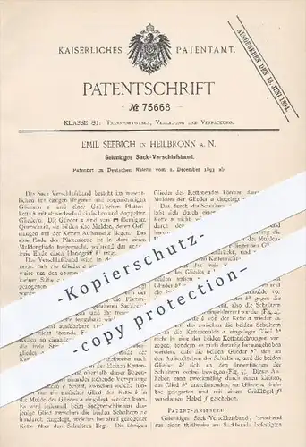 original Patent - E. Seebich , Heilbronn 1893 , Gelenkiges Sack - Verschlussband , Gall'sche Plattenkette , Gall , Kette