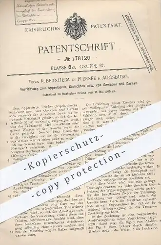 original Patent - R. Bernheim , Pfersee , Augsburg , 1905 , Appretieren , Schlichten , Imprägnieren von Gewebe u. Garn !