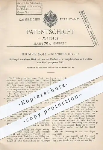 original Patent - Fr. Motz , Brandenburg / Havel , 1905 , Reißnagel aus einem Stück , Reißzwecke , Büromaterial !!!