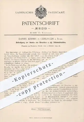 original Patent - Daniel Kemmel in Geislingen , 1894 , Befestigung der Nadel an Broschen u. a. Schmuck , Goldschmied !!